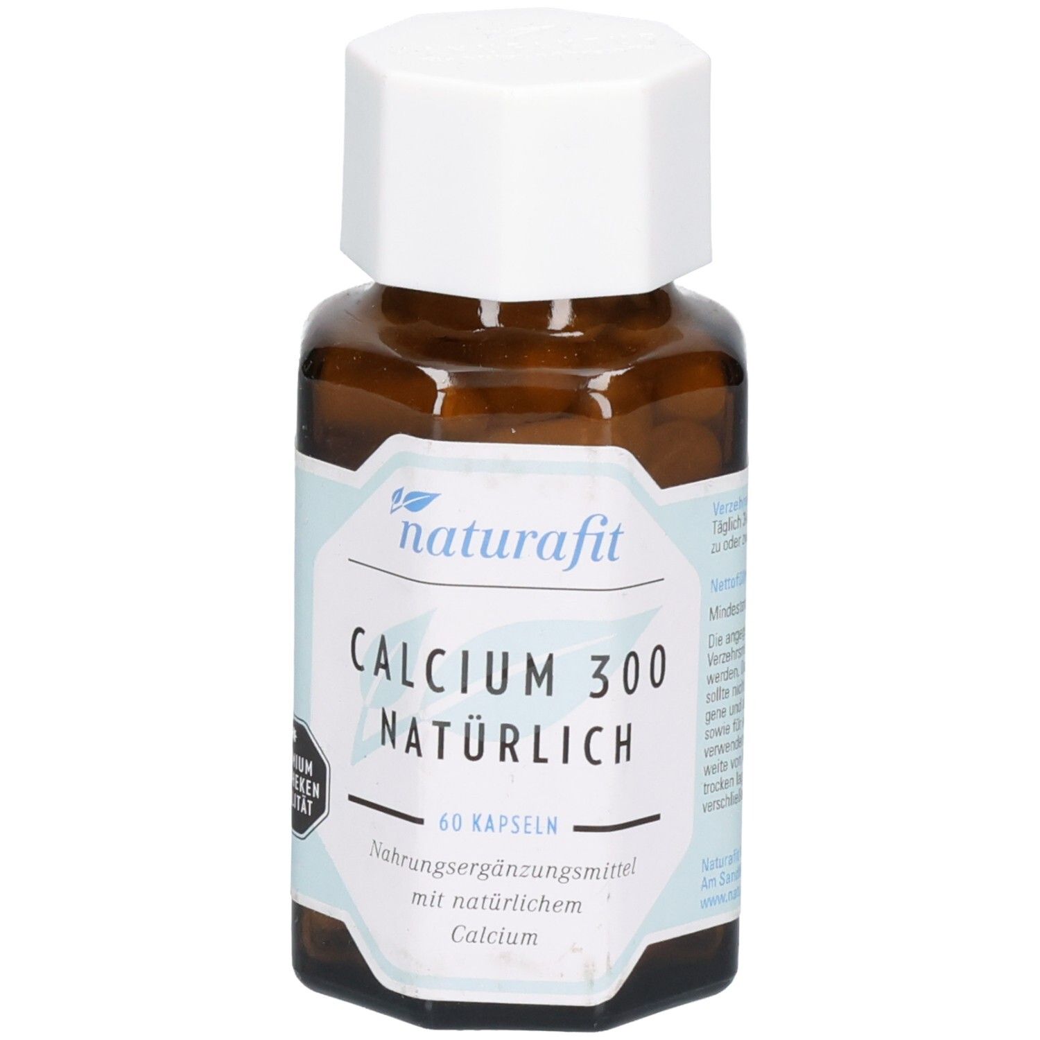 Flasche naturafit CALCIUM 300 NATÜRLICH, 60 Kapseln, mit Siegel 'Premium Apotheken Qualität'.