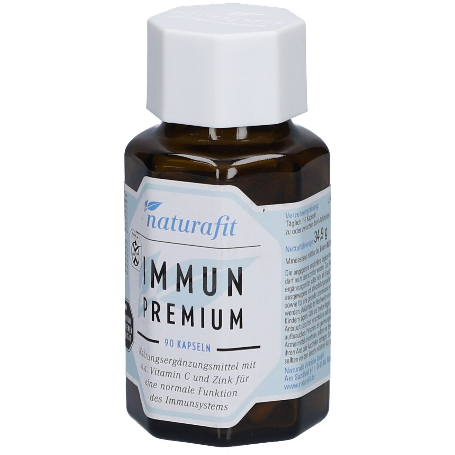 Braune Glasflasche mit weißem Deckel. Aufschrift: IMMUN PREMIUM, 90 Kapseln. Enthält Vitamin C und Zink.