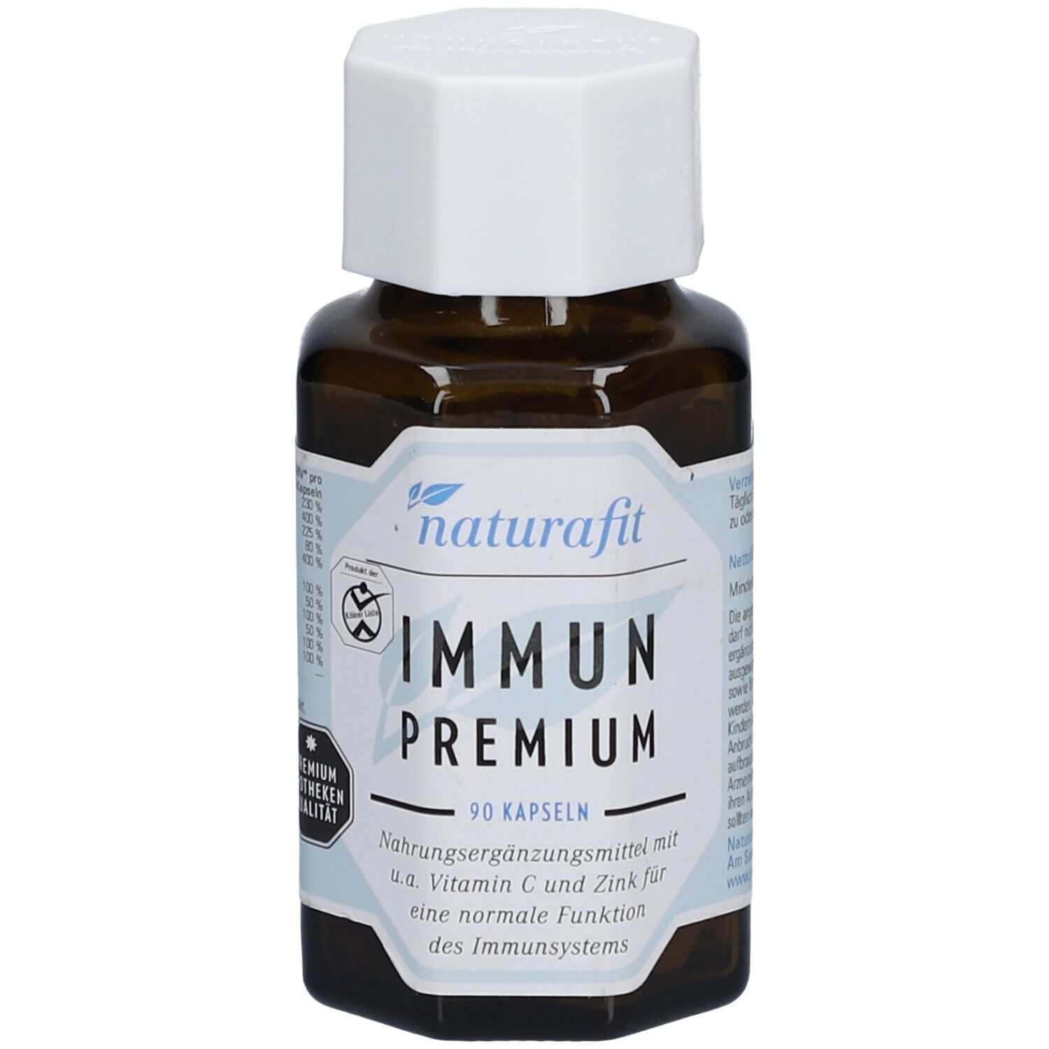 Braune Glasflasche mit weißem Deckel. Aufschrift: IMMUN PREMIUM, 90 Kapseln. Enthält Vitamin C und Zink.