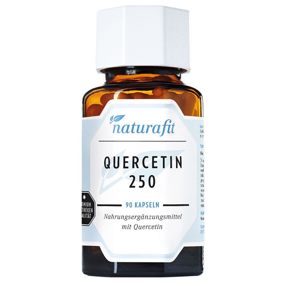 Braune Glasflasche mit weißem Deckel. Aufschrift: naturafit QUERCETIN 250, 90 Kapseln. Premium Apotheken Qualität.