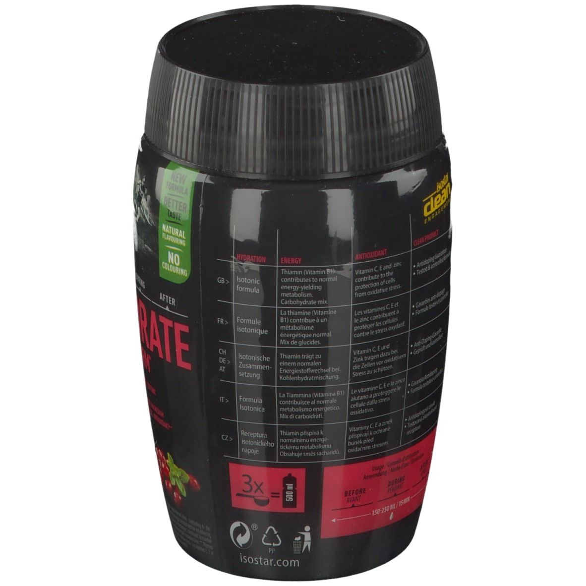 Rückseite der schwarzen Dose. Text in mehreren Sprachen. Informationen zu Inhaltsstoffen und Nährwerten.