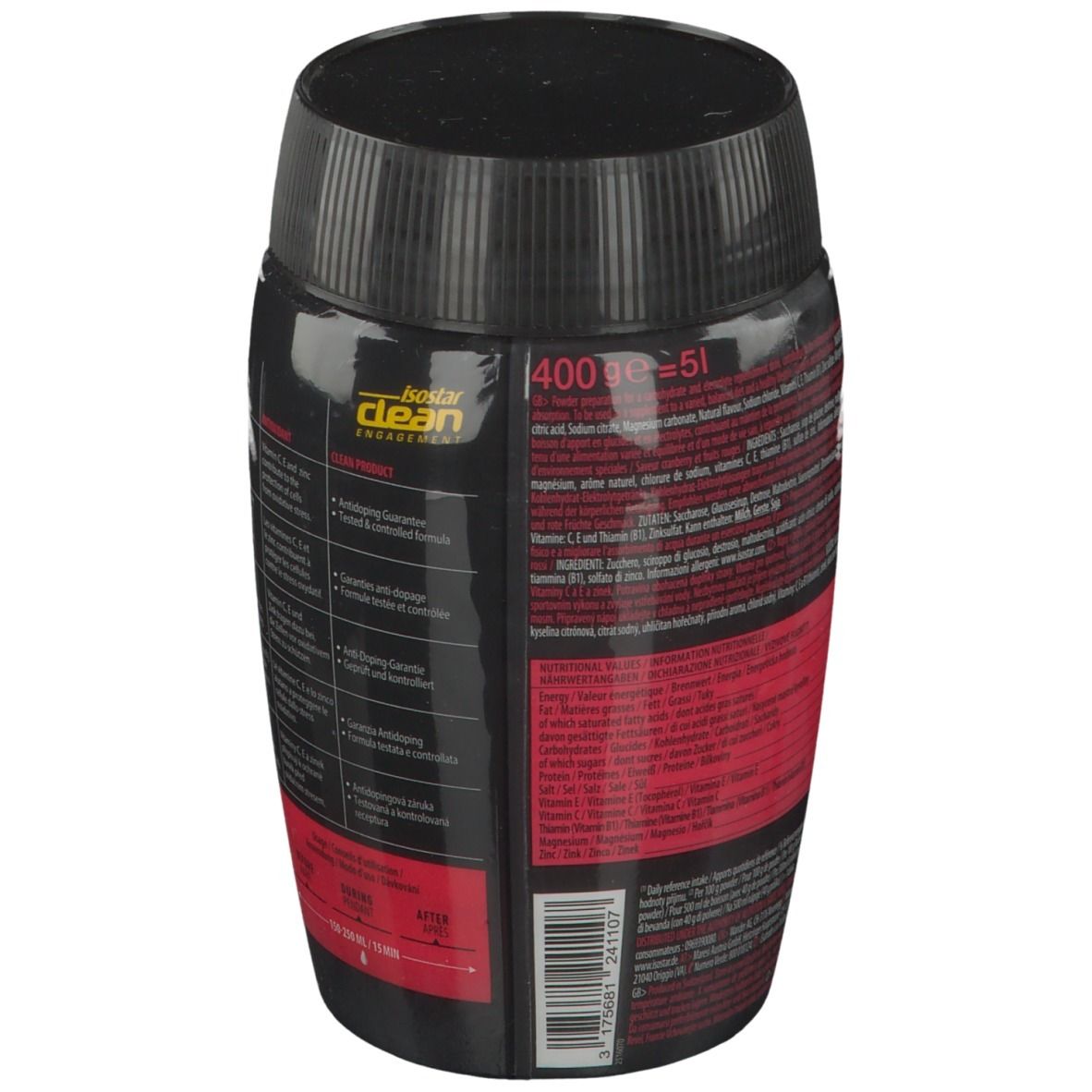 Dose mit schwarzem Deckel. Text in mehreren Sprachen. Informationen zu Inhaltsstoffen und Nährwerten.