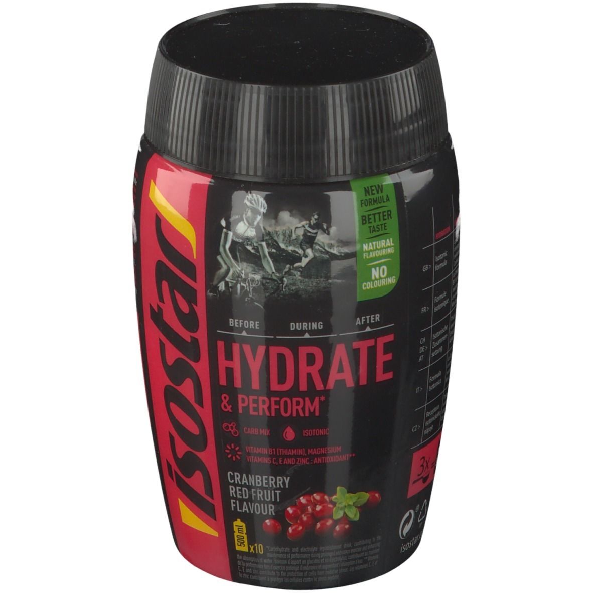 Schwarze Dose mit roter und gelber Beschriftung. "isostar" und "HYDRATE & PERFORM" sind sichtbar. Cranberry-Geschmack.