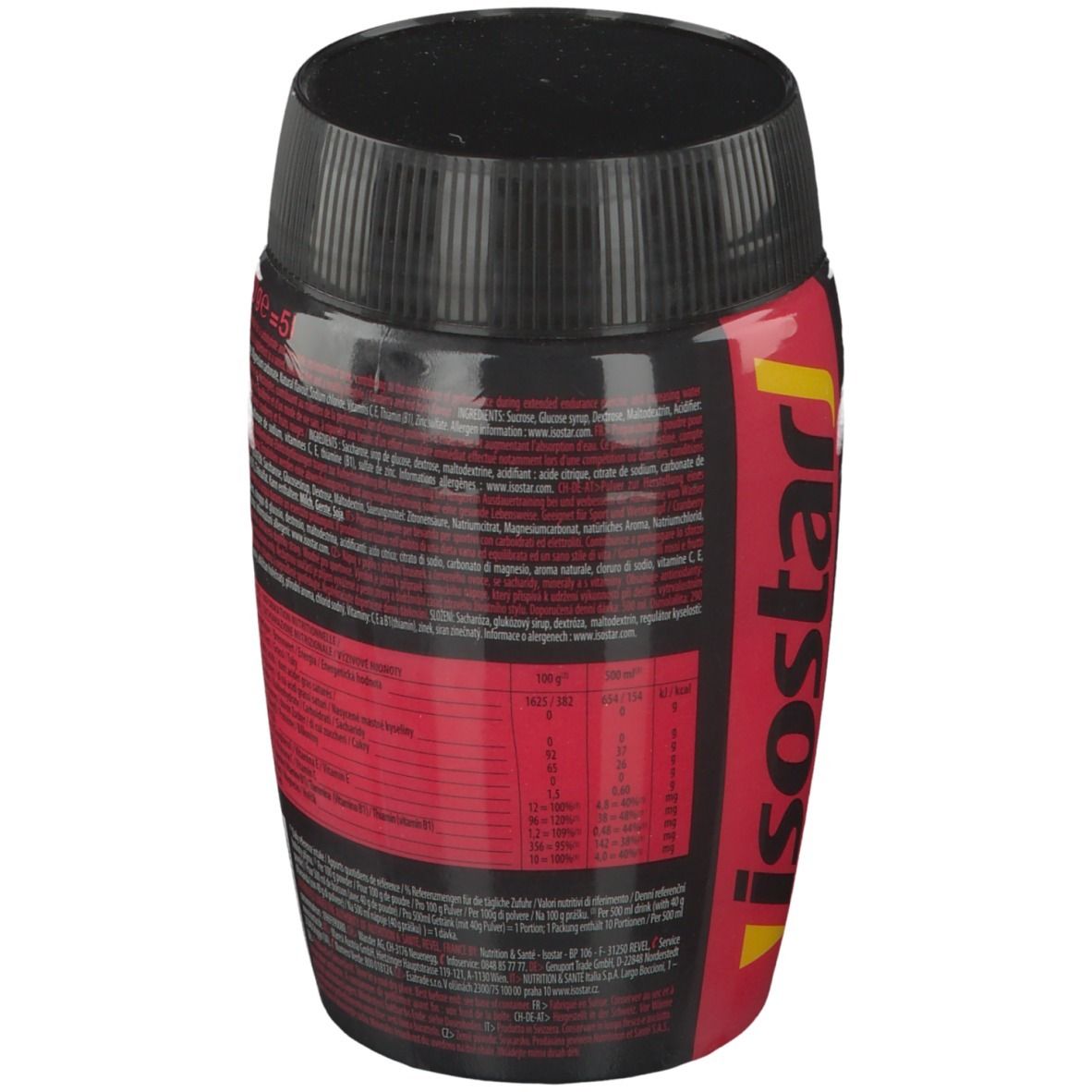 Rückseite der schwarzen Dose. Text in mehreren Sprachen. Informationen zu Inhaltsstoffen und Nährwerten.