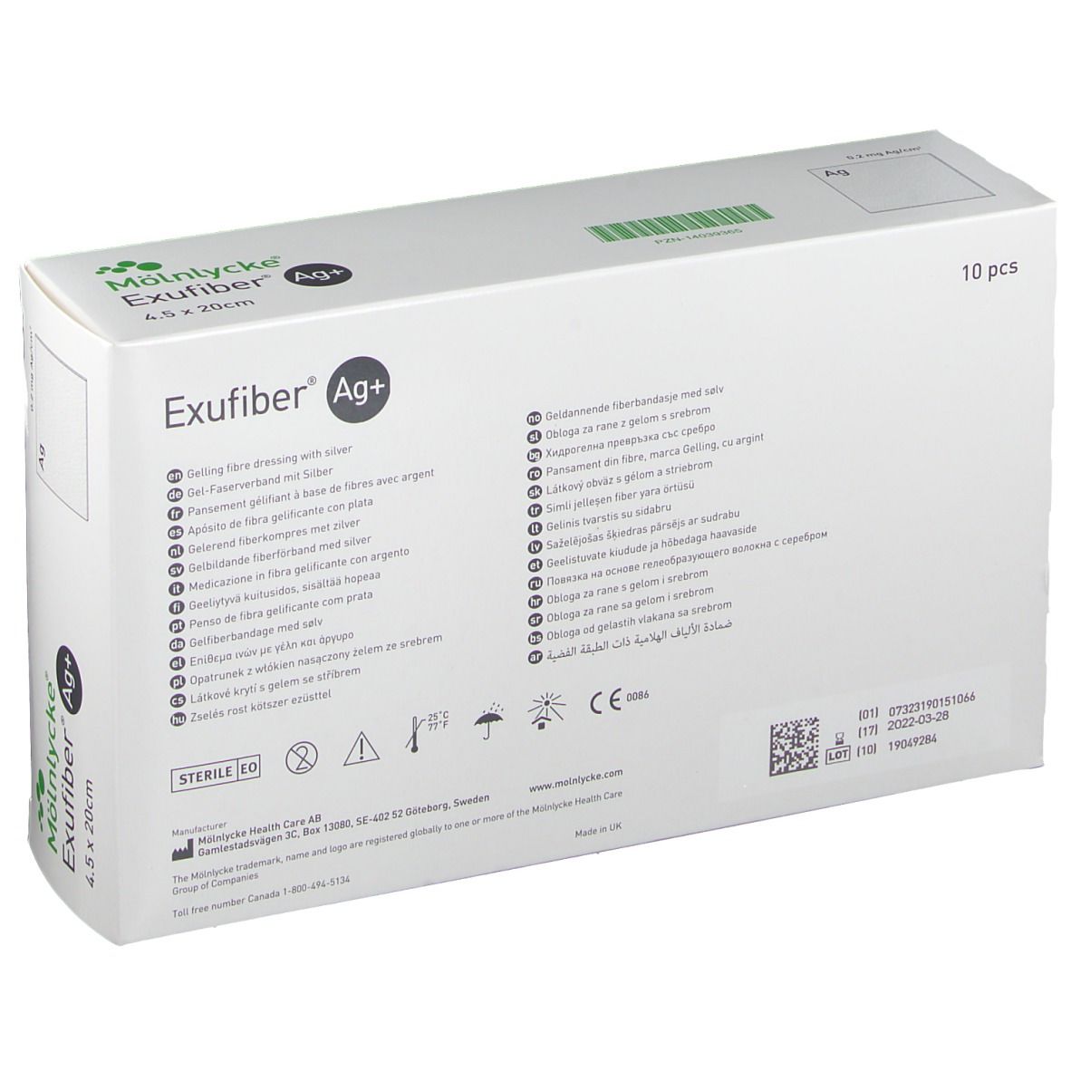 Rückseite der Exufiber Ag+ Verpackung. Text in mehreren Sprachen. Sterile Kennzeichnung und CE-Zeichen sind sichtbar.