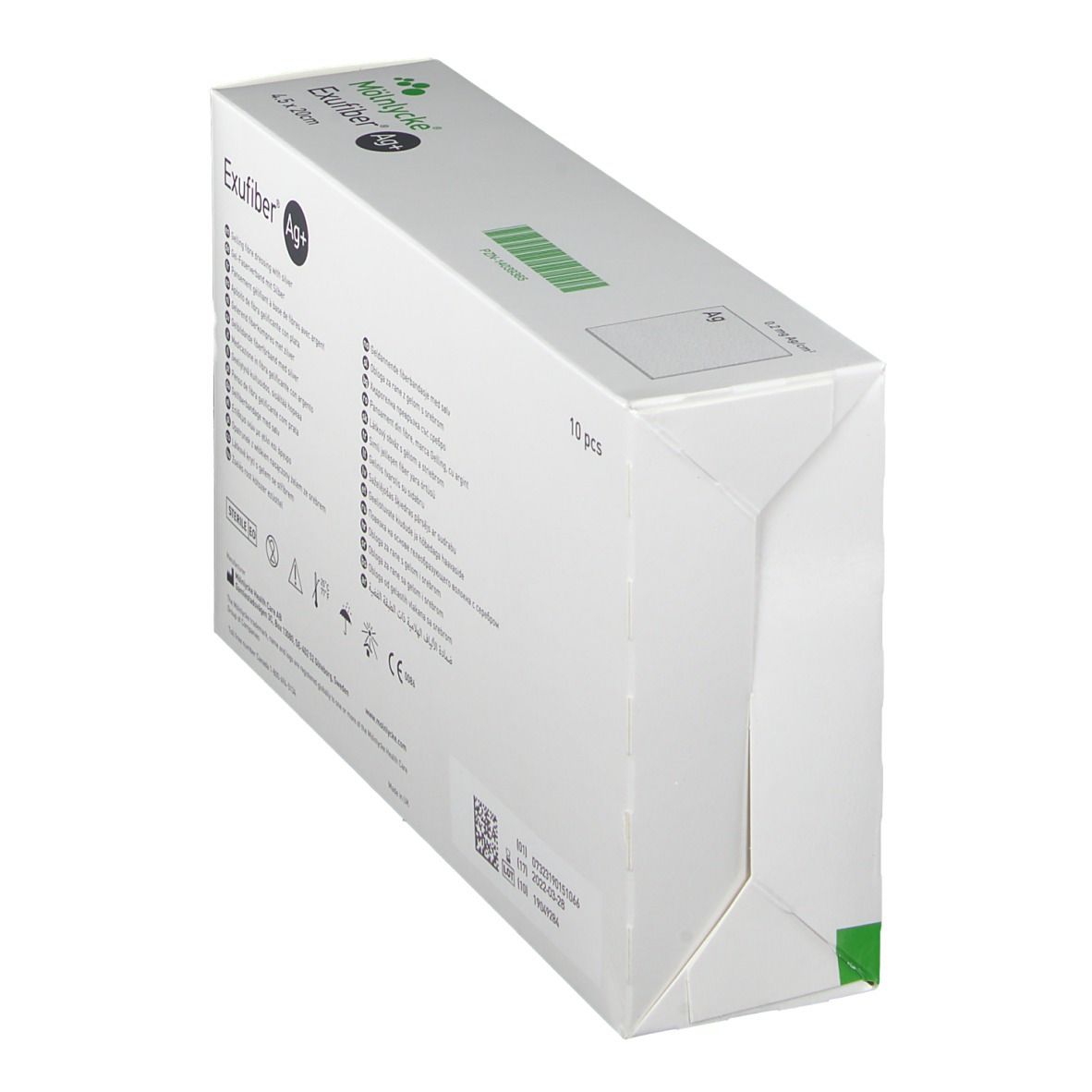 Schräg gestellte Verpackung von Exufiber Ag+ Wundauflage. Rückseite mit Text und Kennzeichnungen. Sterile Kennzeichnung.