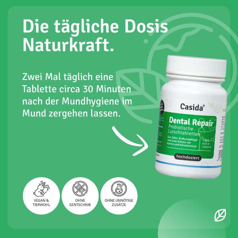 Produktflasche Casida Dental Repair. Text: Die tägliche Dosis Naturkraft. Vegan, ohne Gentechnik, ohne Zusätze.