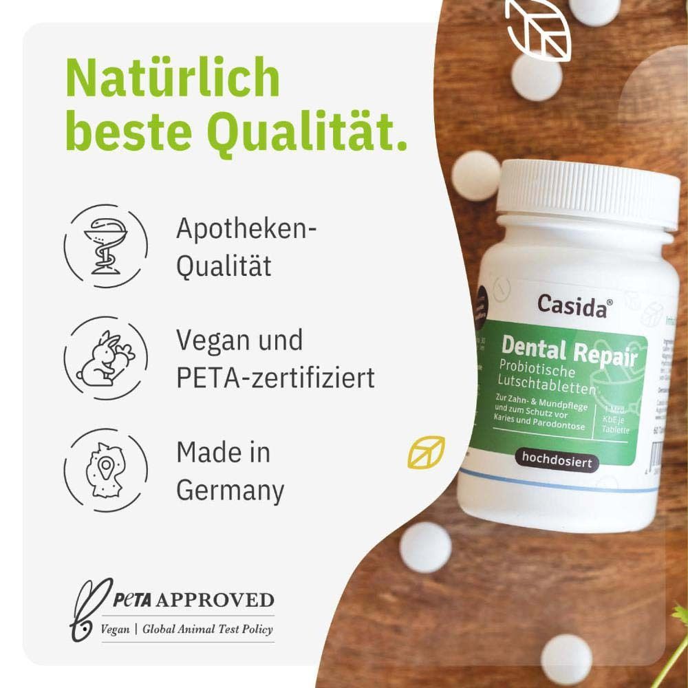 Produktflasche Casida Dental Repair. Text: Natürlich beste Qualität. Apotheken-Qualität, vegan, PETA-zertifiziert, Made in Germany.