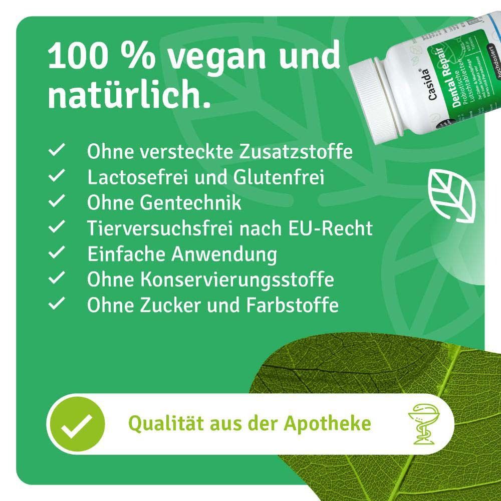 Produktflasche Casida Dental Repair. Text: 100% vegan und natürlich. Ohne versteckte Zusatzstoffe, laktosefrei, glutenfrei.