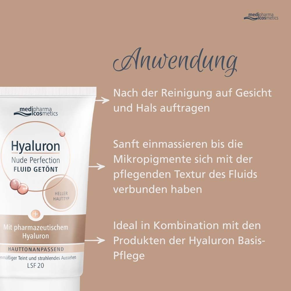 Anwendungshinweise für Hyaluron Nude Perfection Fluid Getönt. Auf Gesicht und Hals auftragen. Sanft einmassieren.
