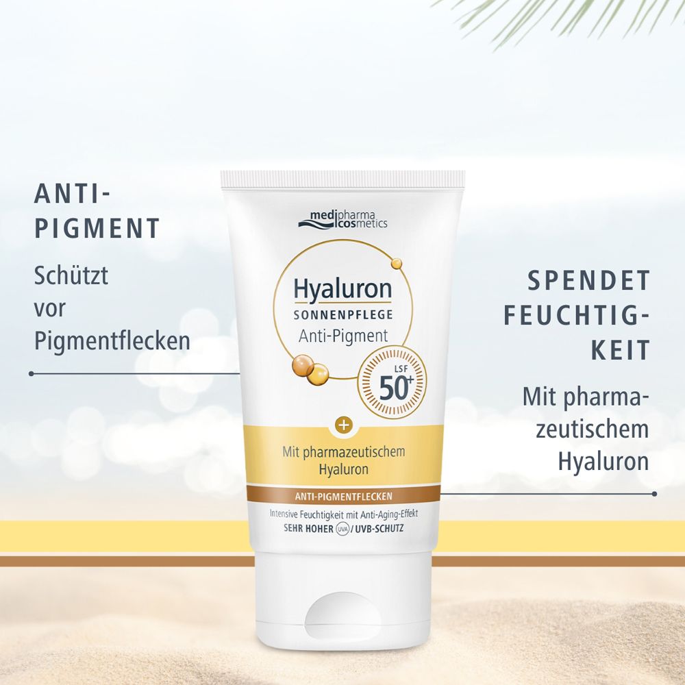 Produkt-Tube mit Text: Anti-Pigment, spendet Feuchtigkeit, LSF 50+. medipharma cosmetics Hyaluron Sonnenpflege.
