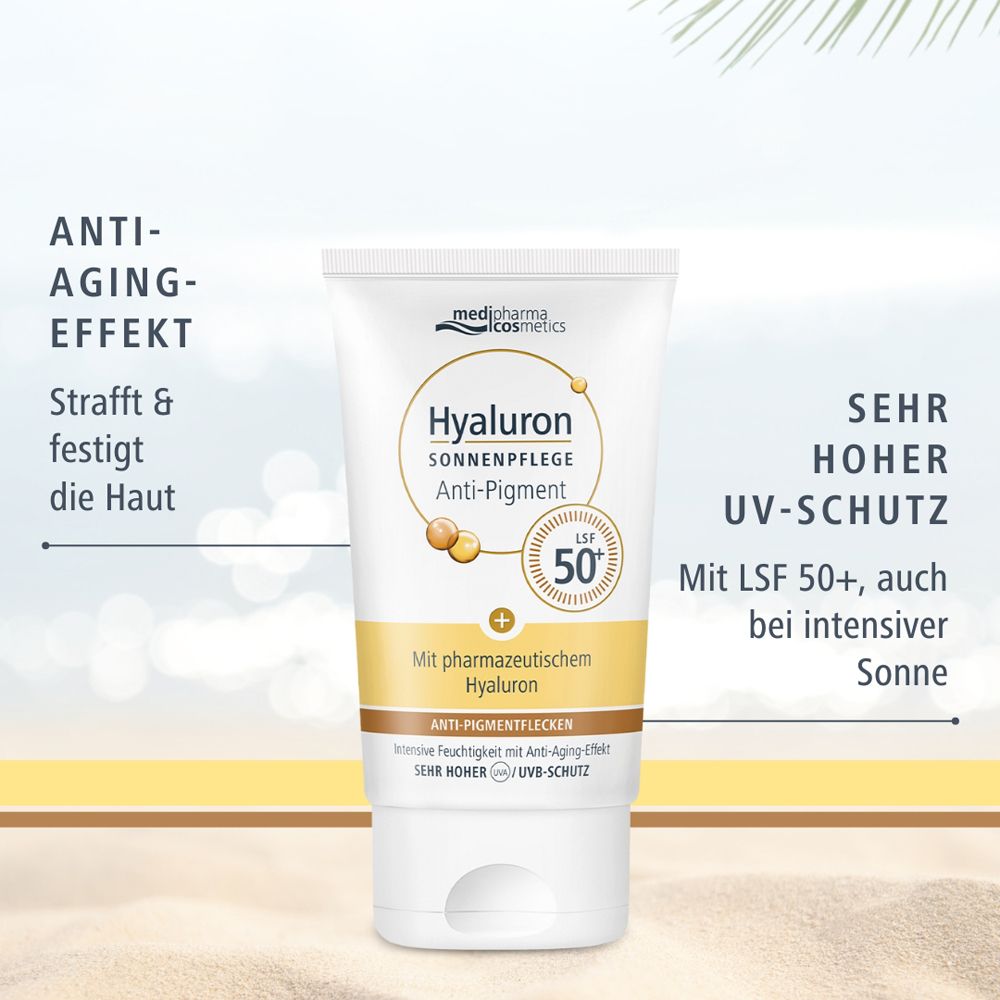 Produkt-Tube mit Text: Anti-Aging-Effekt, sehr hoher UV-Schutz, LSF 50+. medipharma cosmetics.