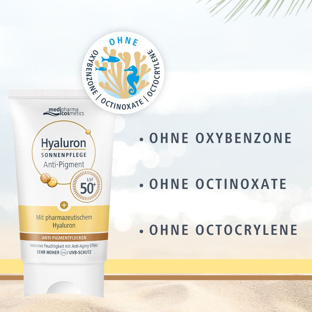 Produkt-Tube mit Text: Ohne Oxybenzone, Octinoxate, Octocrylene. medipharma cosmetics Hyaluron Sonnenpflege.