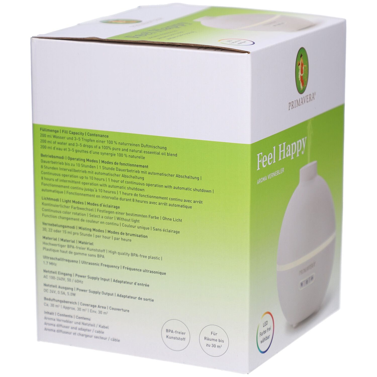 Verpackung des Aroma Verneblers Feel Happy. Text mit technischen Daten und Inhaltsangaben. PRIMAVERA Logo.