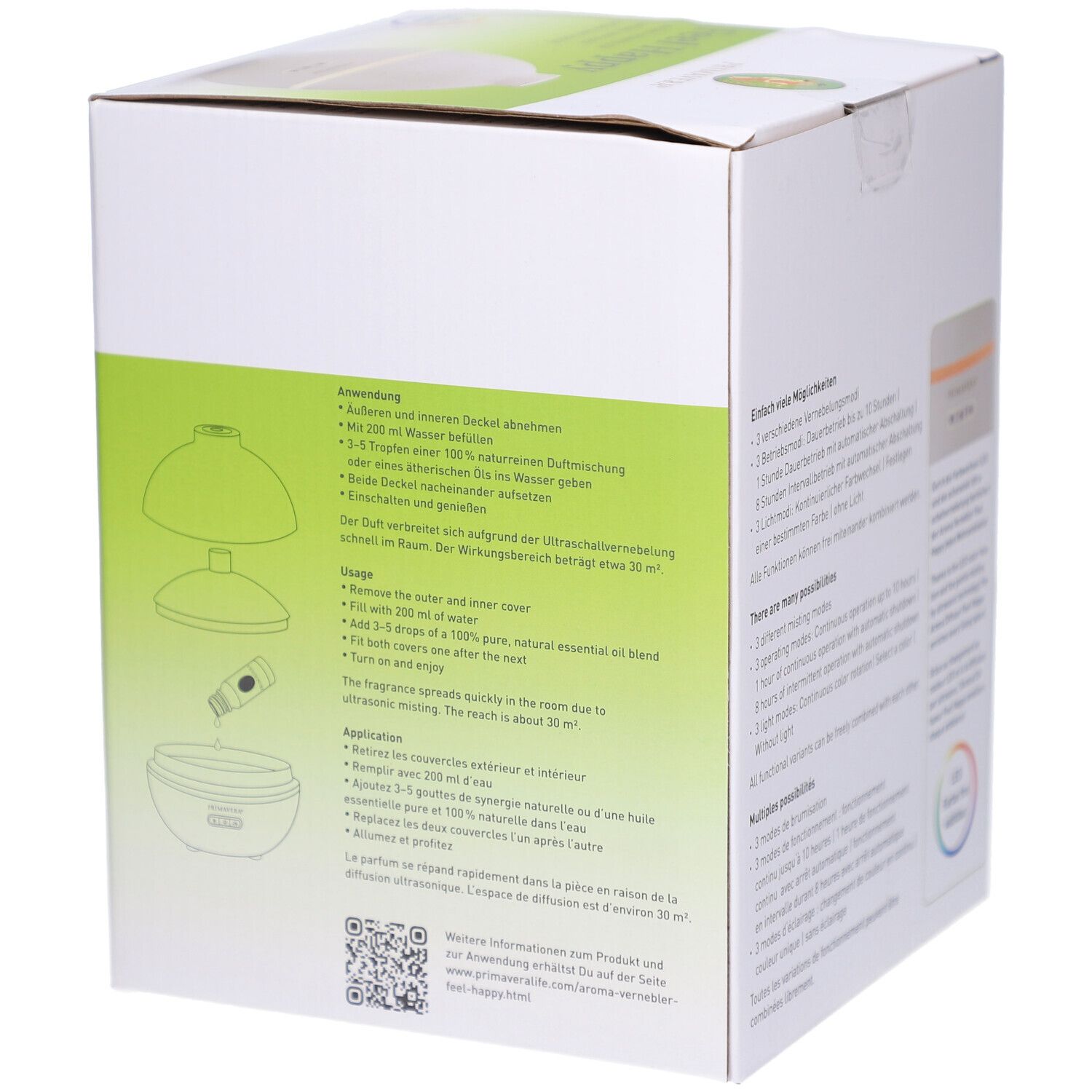 Verpackung des Aroma Verneblers Feel Happy. Illustrationen zur Anwendung. Text über Anwendung und Reichweite.