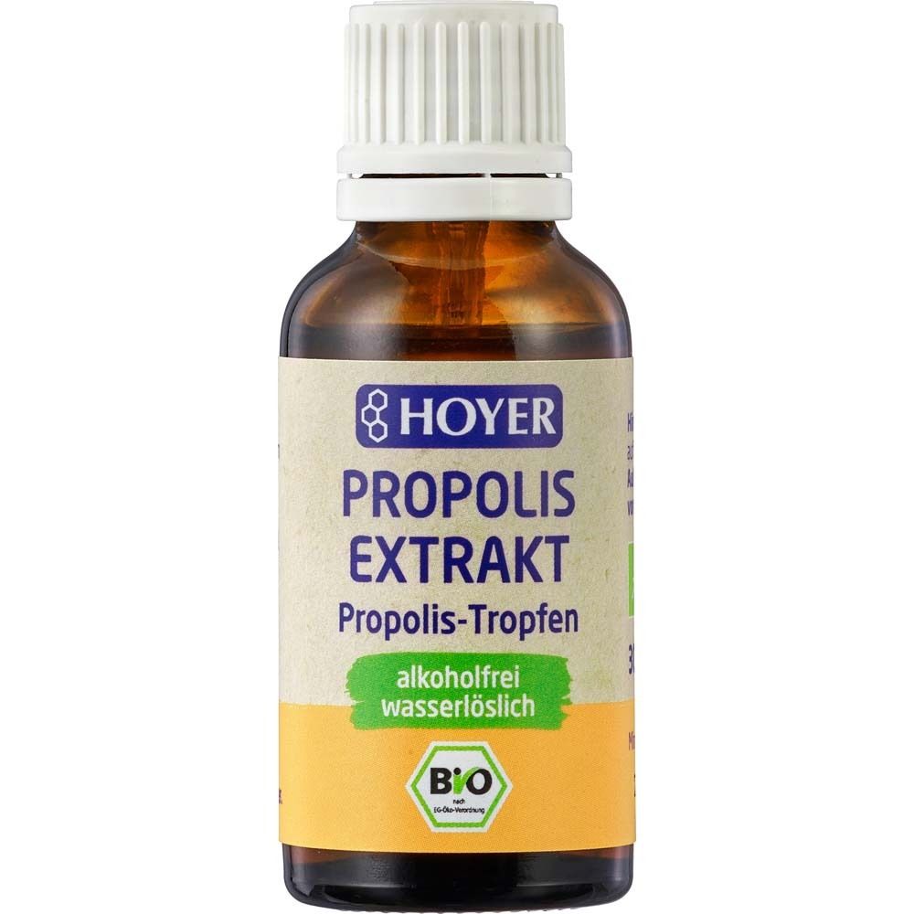 Braune Glasflasche HOYER Propolis Extrakt Bio, mit weißem Deckel. Produktetikett mit Logo und Text.
