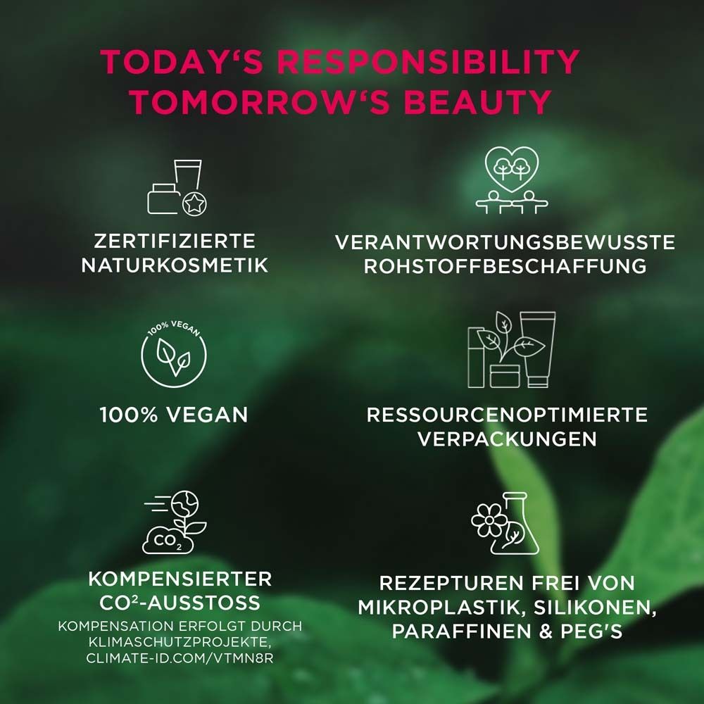 Infografik. Text: Zertifizierte Naturkosmetik, 100% Vegan, CO2-Ausstoß kompensiert, uvm.