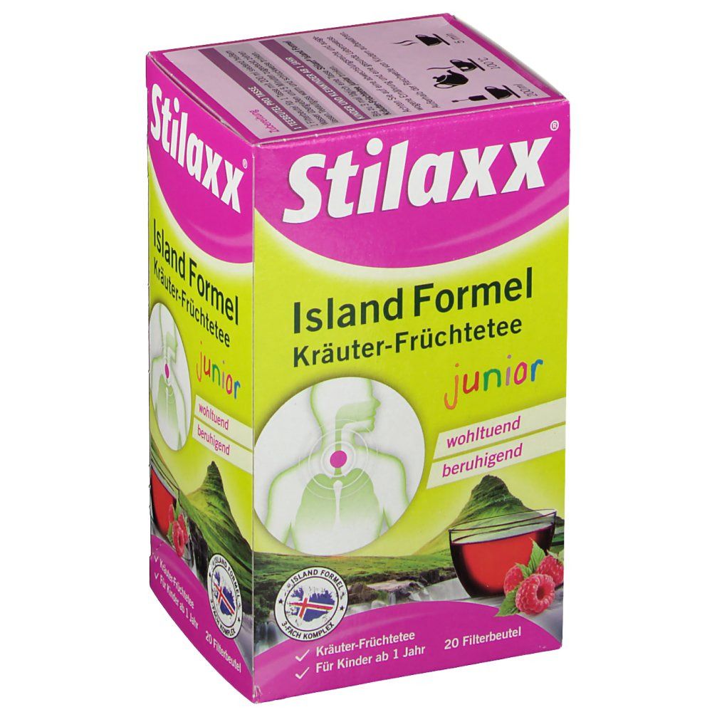 Verpackung von Stilaxx® Reizstiller Tee junior. Rosa-gelbe Schachtel mit Produktnamen, Illustration und Text. 20 Filterbeutel.