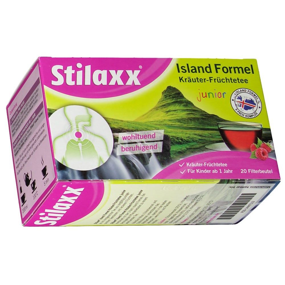 Schachtel von Stilaxx® Reizstiller Tee junior. Rosa-gelbe Verpackung mit Produktnamen, Illustration und Text. 20 Filterbeutel.