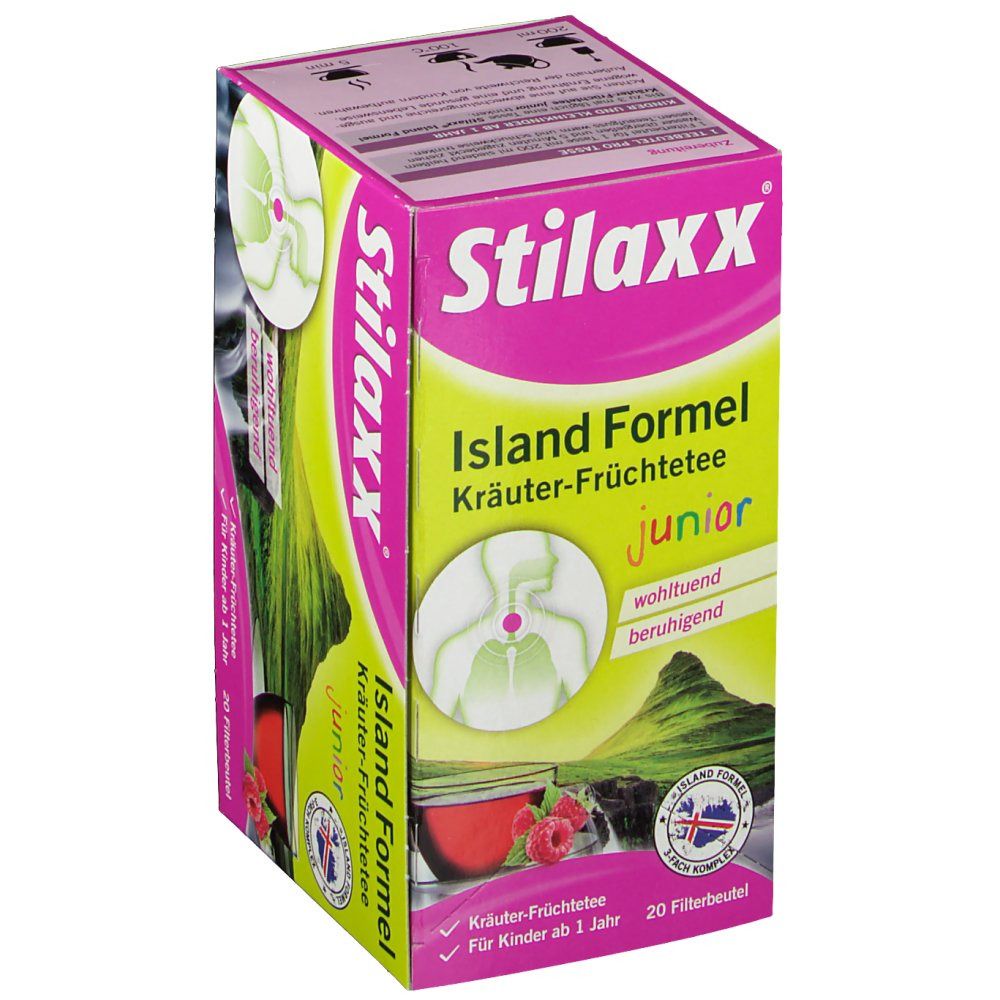 Verpackung von Stilaxx® Reizstiller Tee junior. Rosa-gelbe Schachtel mit Produktnamen, Illustration und Text. 20 Filterbeutel.