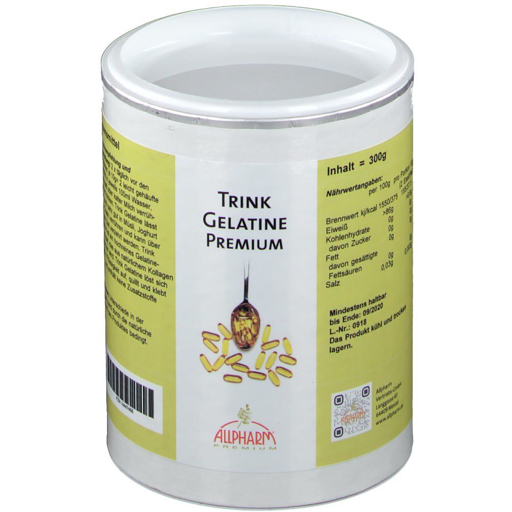 Zylinderförmige Dose mit Trink Gelatine Premium-Etikett. Gelbe Schrift, Abbildung von Kapseln und Löffel. Allpharm Logo.