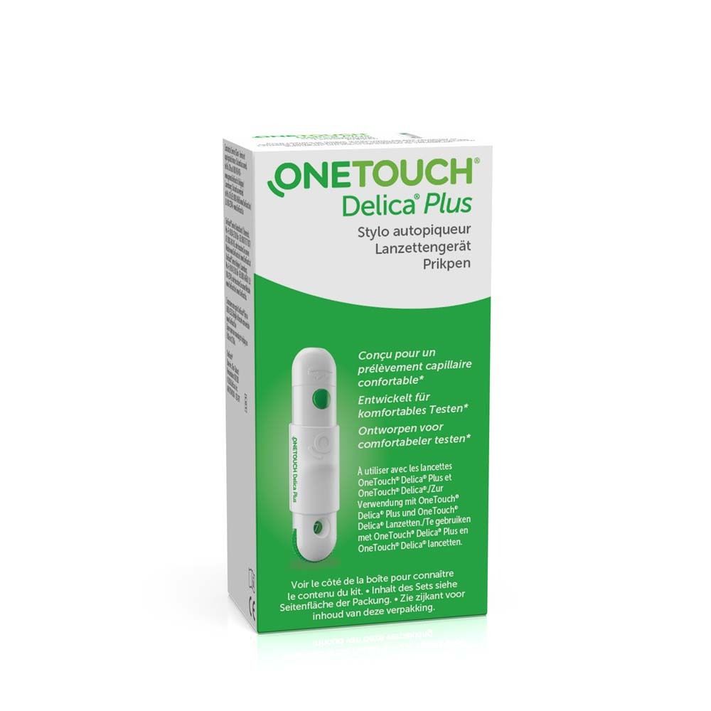 Verpackung mit OneTouch Delica Plus. Text in Deutsch, Französisch, Italienisch und Niederländisch. Weiß-grün.