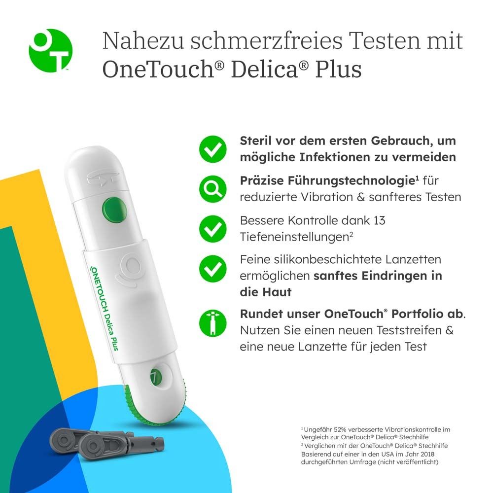 OneTouch Delica Plus Stechhilfe. Weiß, grün. Text: Nahezu schmerzfreies Testen. 5 grüne Häkchen.