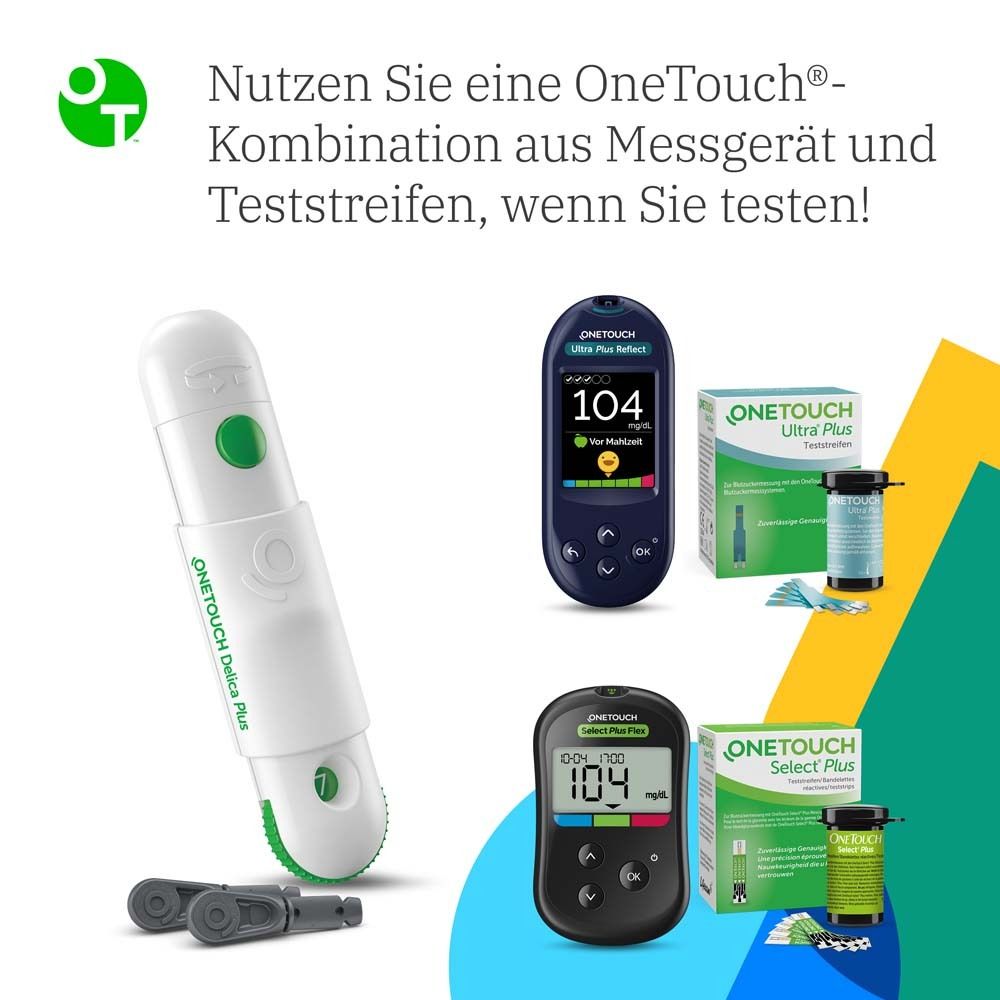 OneTouch Delica Plus Stechhilfe, Messgeräte und Teststreifen. Schwarz, blau, weiß. Text: Testen!