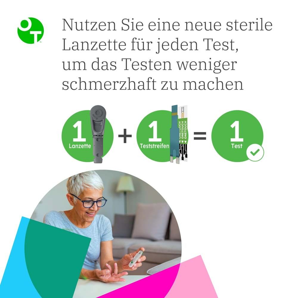 Eine Lanzette und ein Teststreifen. Text: 1 Lanzette + 1 Teststreifen = 1 Test.