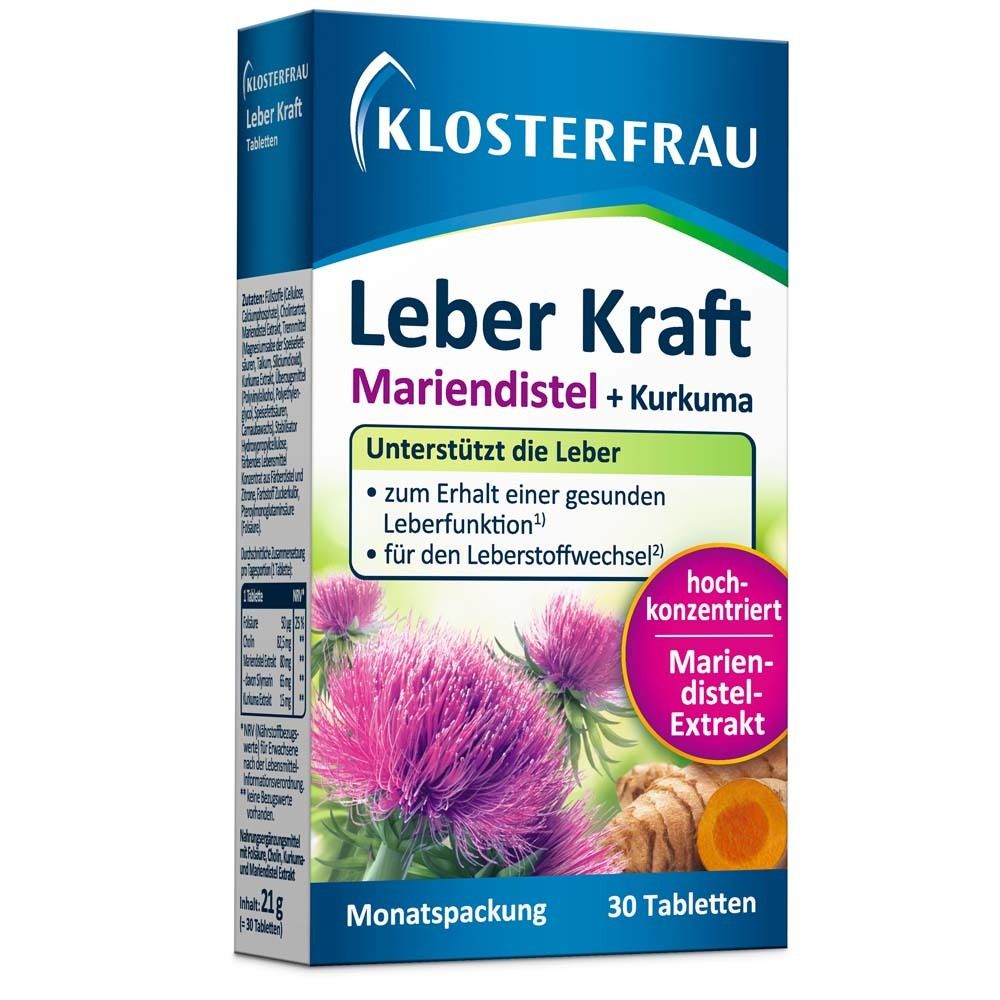 KLOSTERFRAU Leber Kraft. Schachtel mit Tabletten. Mariendistel + Kurkuma. 30 Tabletten. Grün-weiße Schrift.
