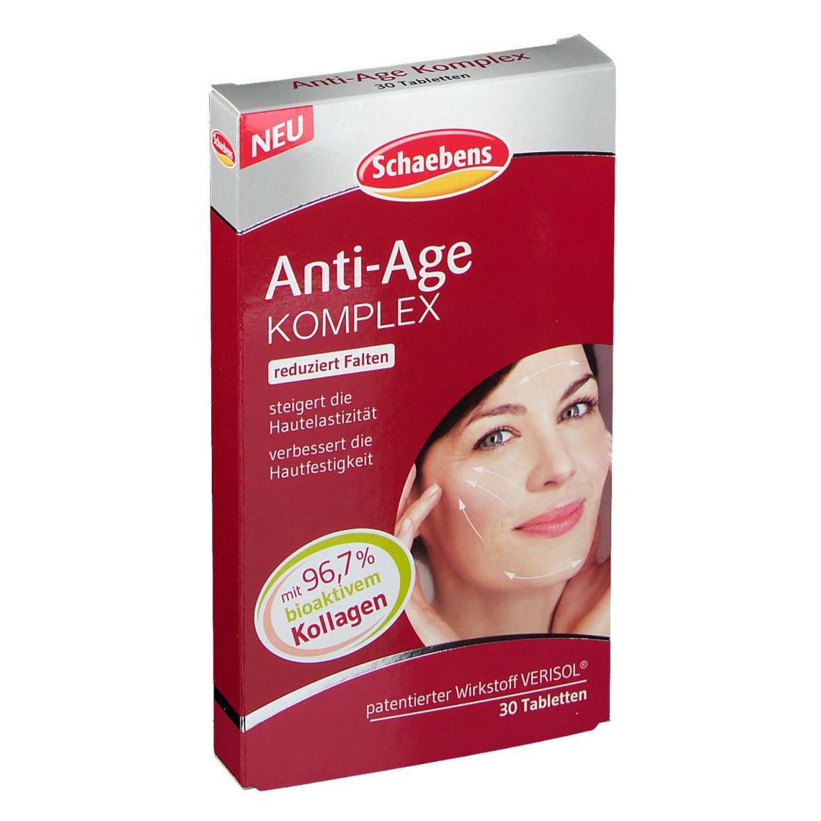 Schaebens Anti-Age Komplex. Rote Schachtel mit Produktbild und Text. Enthält 30 Tabletten. Mit 96,7% bioaktivem Kollagen.