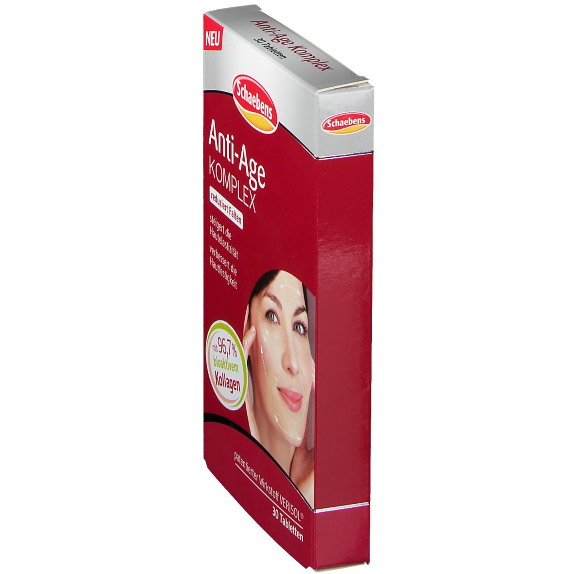 Schaebens Anti-Age Komplex. Rote Schachtel, Seitenansicht. Produktname und Logo sichtbar. Enthält 30 Tabletten.