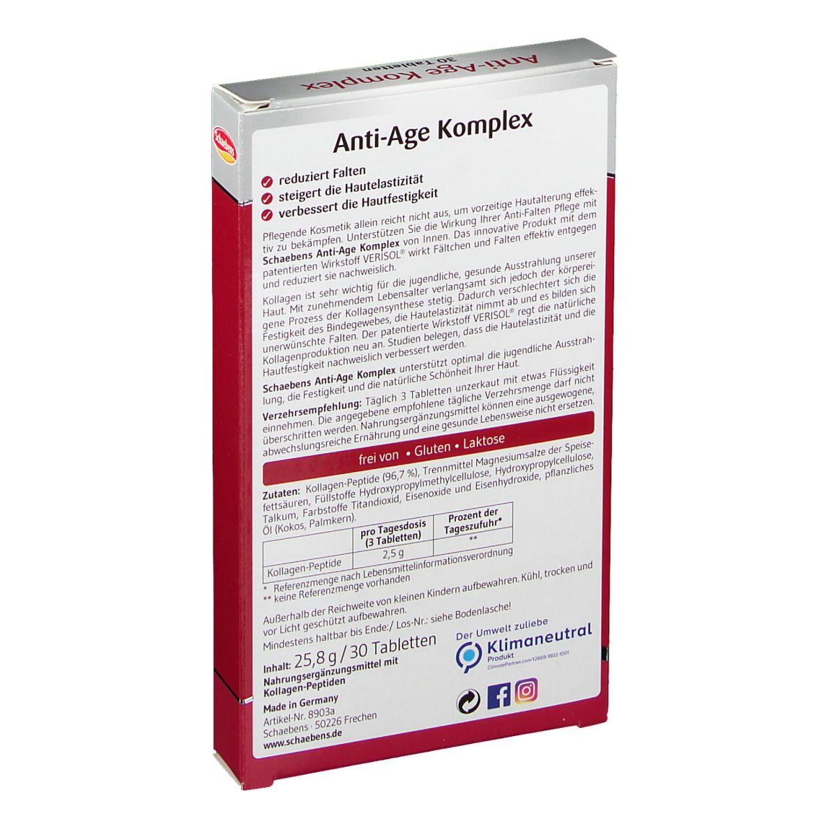 Rückseite der Schaebens Anti-Age Komplex Verpackung. Textinformationen, Inhaltsstoffe und Logo. 30 Tabletten.