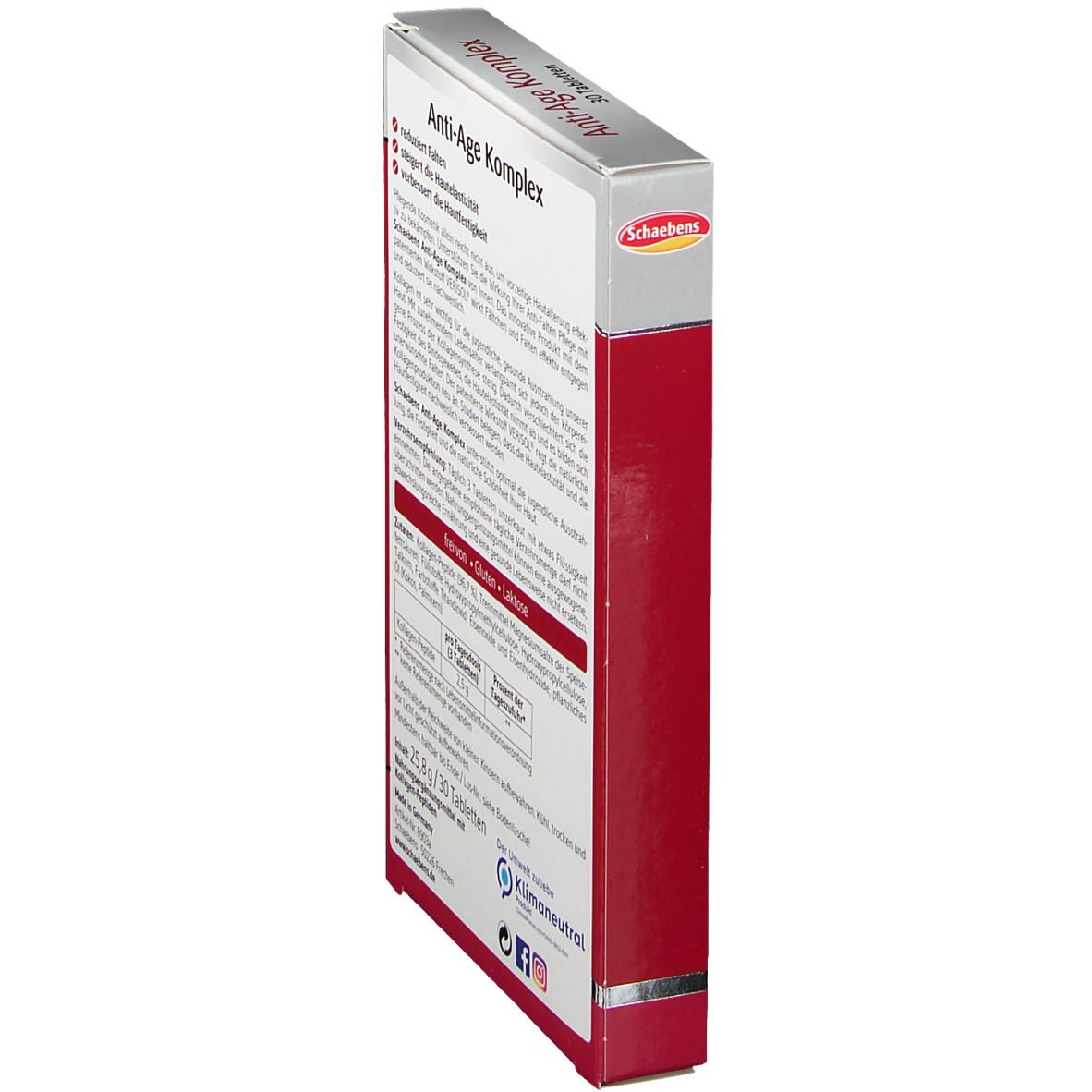 Schaebens Anti-Age Komplex. Seitenansicht der Verpackung. Produktname und Logo sichtbar. 30 Tabletten.