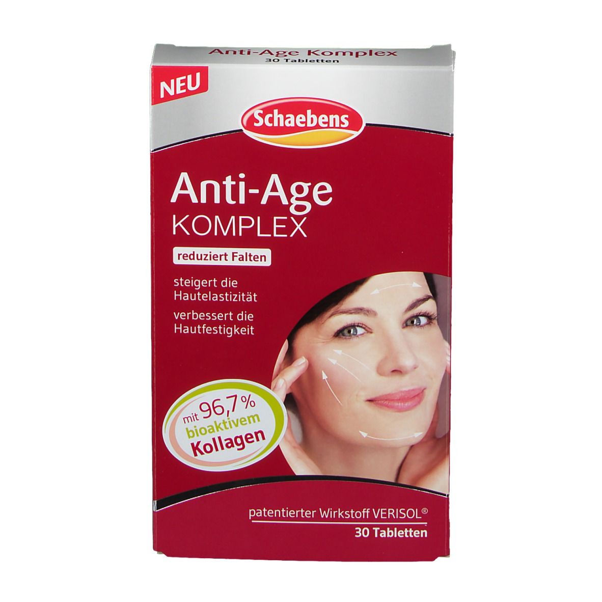 Schaebens Anti-Age Komplex. Rote Schachtel mit Produktbild und Text. Enthält 30 Tabletten. Mit 96,7% bioaktivem Kollagen.