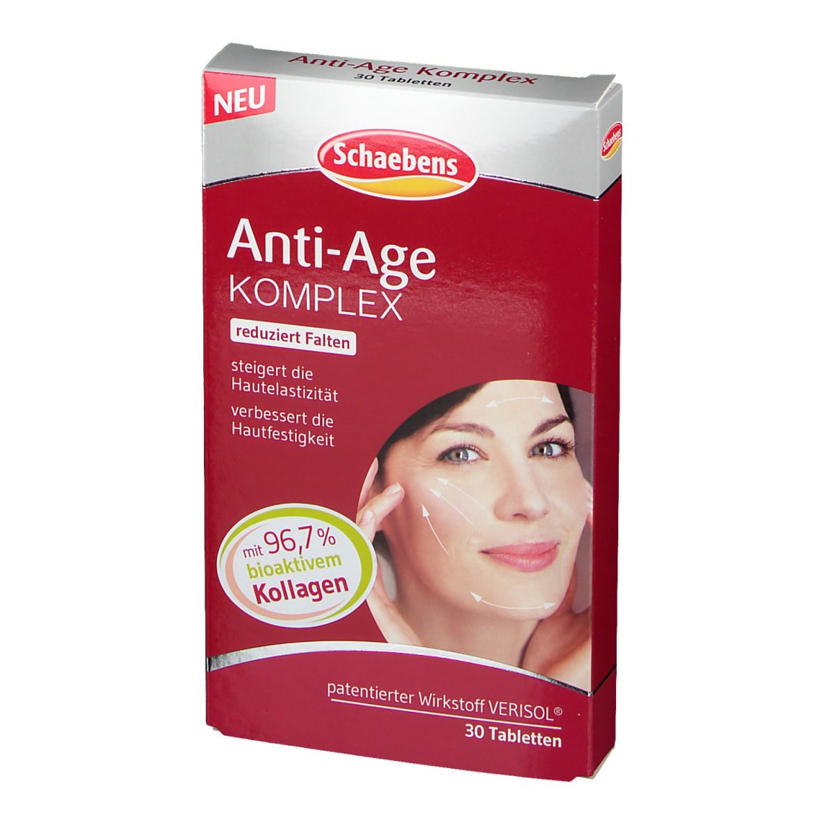 Schaebens Anti-Age Komplex. Rote Schachtel mit Produktbild und Text. Enthält 30 Tabletten. Mit 96,7% bioaktivem Kollagen.