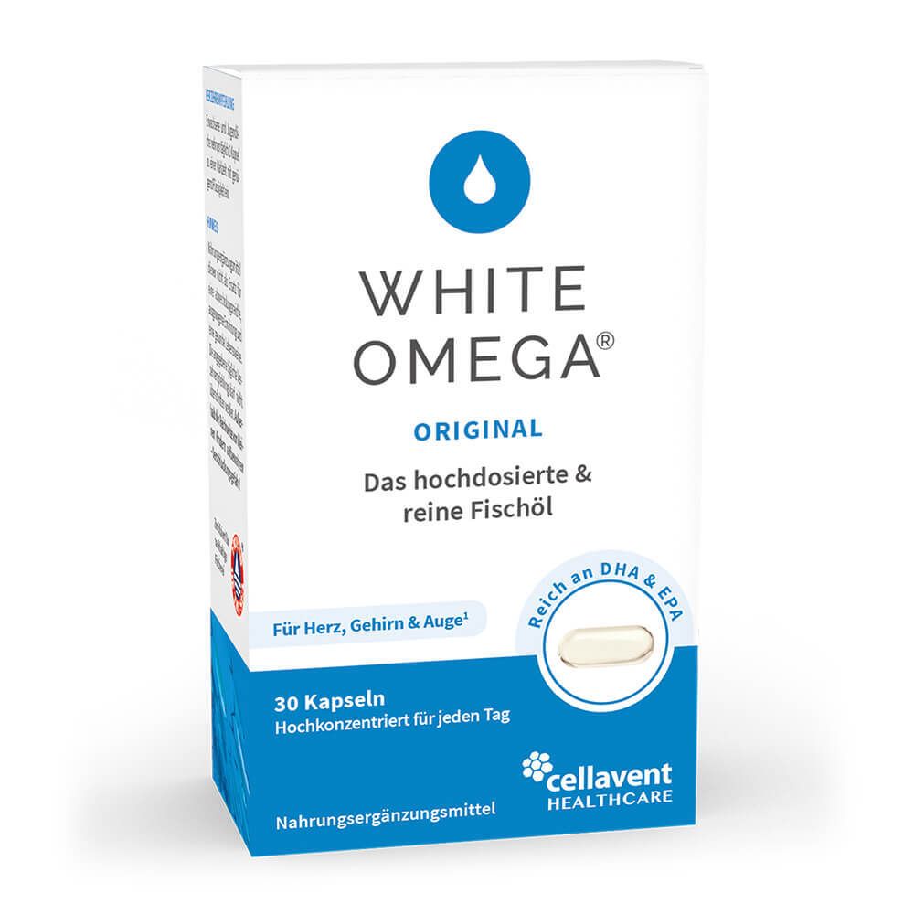 Weiße Schachtel mit "WHITE OMEGA ORIGINAL"-Aufdruck. Enthält 30 Kapseln. Reich an DHA & EPA. Marke: cellavent HEALTHCARE.