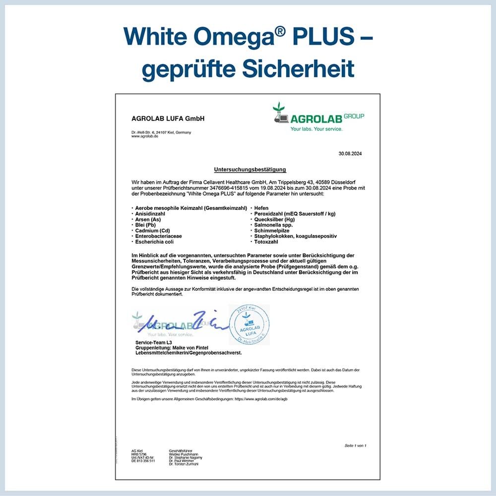 Zertifikat von Agrolab LUFA GmbH. Bestätigung der Untersuchungsergebnisse von White Omega® PLUS.