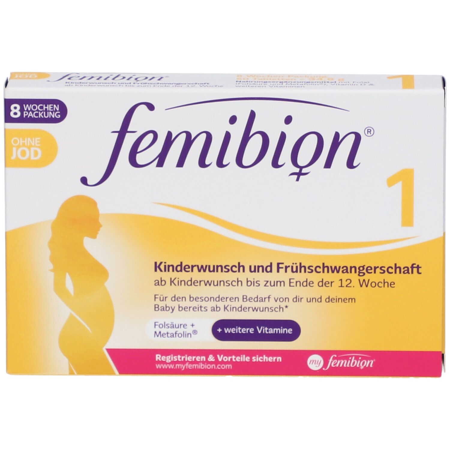 Femibion 1 Packung. Enthält 8 Wochen Packung ohne Jod. Für Kinderwunsch und Frühschwangerschaft bis zur 12. Woche. Mit Folsäure und Vitaminen.