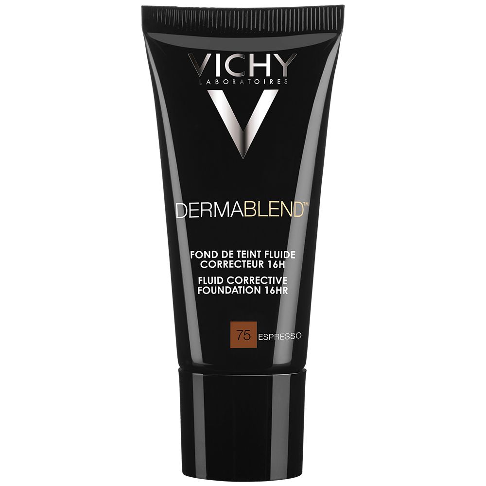 Dunkle Tube mit VICHY DERMABLEND Schriftzug und "75 Espresso" Farbcode.