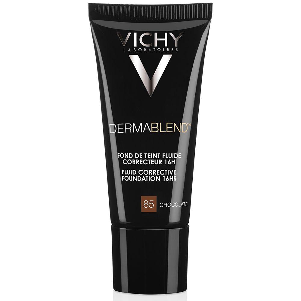 Schwarze Tube mit VICHY-Logo und Dermablend-Schriftzug. Farbton 85 Chocolate. Korrigierendes Fluid Foundation 16H.