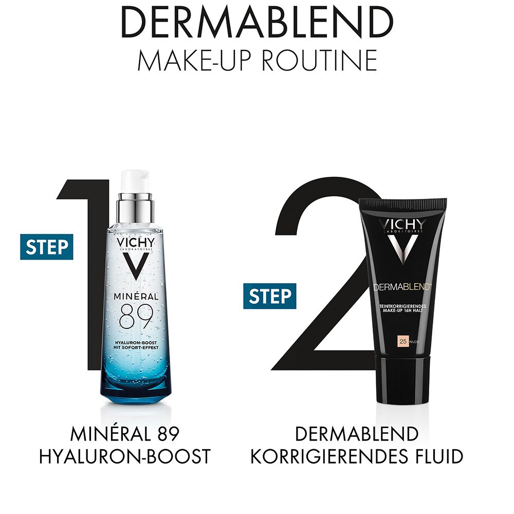 Zwei Produkte nebeneinander. Text: STEP 1, STEP 2. Produkte: MINÉRAL 89, DERMABLEND.