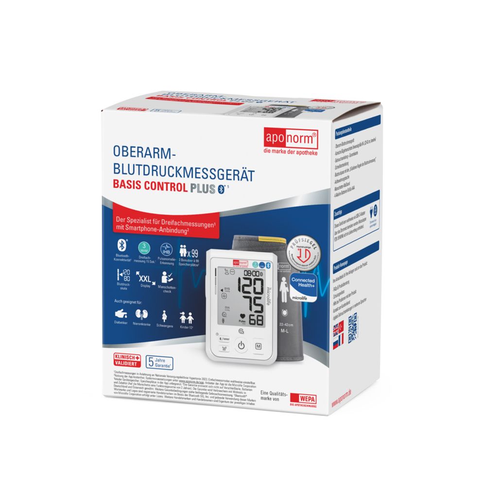Verpackung eines Oberarm-Blutdruckmessgeräts. Enthält Gerät, Manschette und Zubehör. Marke: aponorm®.