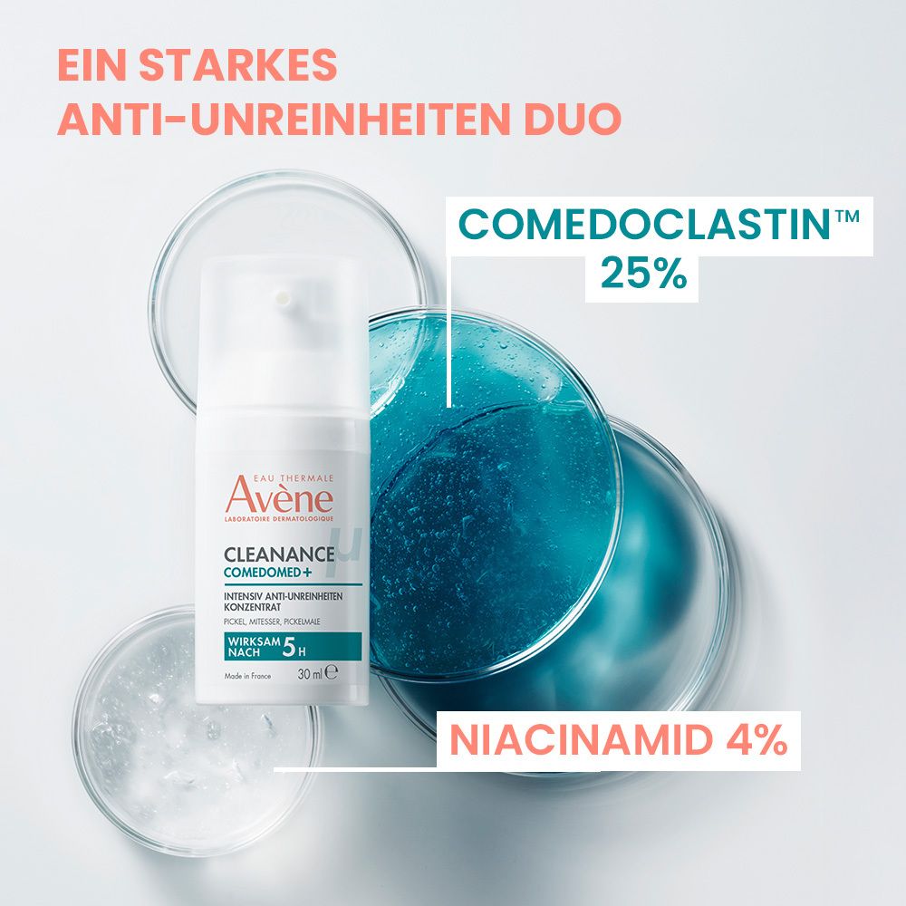 Avene Cleanance Comedomed+ Konzentrat. Inhaltsstoffe: Comedoclastin 25%, Niacinamid 4%. 30 ml Flasche.