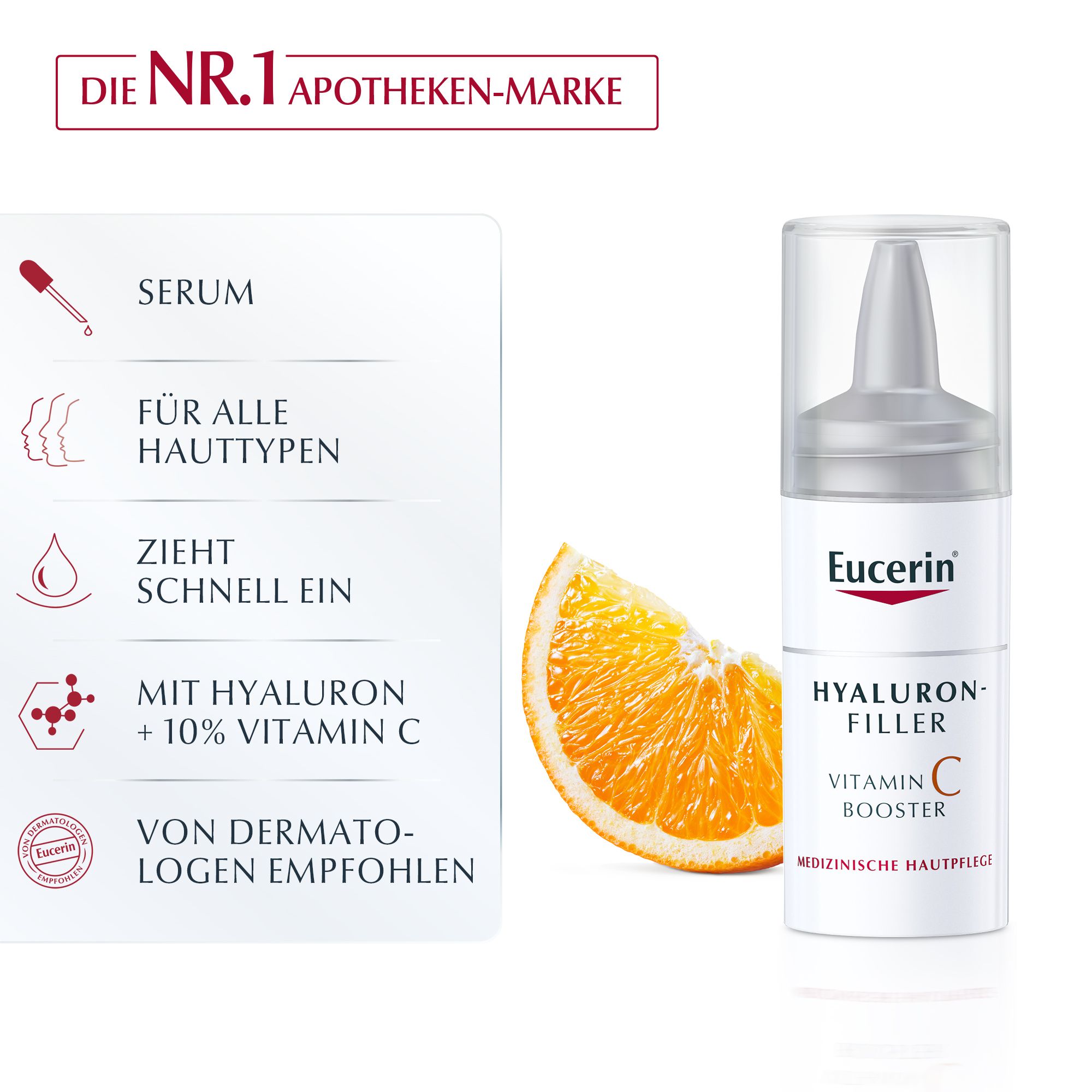 Eucerin Hyaluron-Filler Vitamin C Booster. Flasche mit Dosierer und Orange. Text: Serum, für alle Hauttypen, zieht schnell ein.