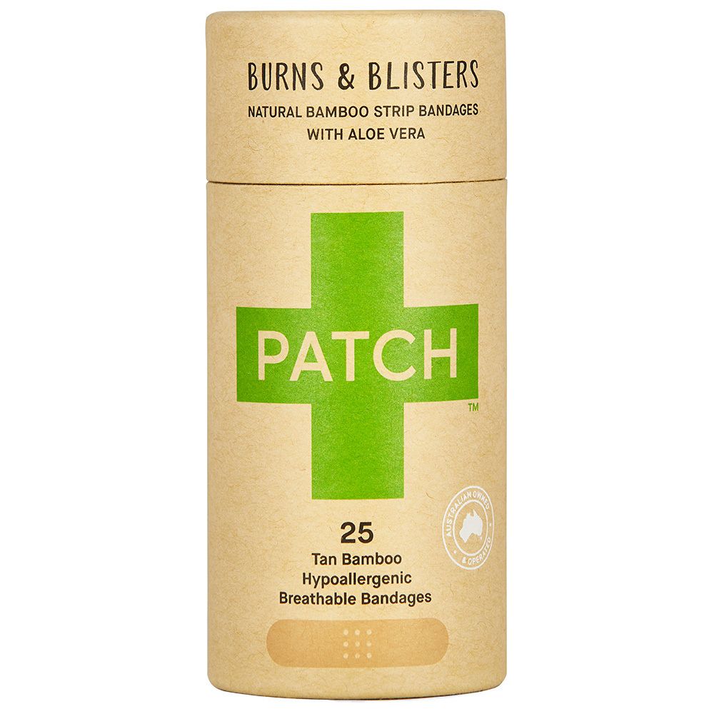 Zylindrische Verpackung mit grüner Kreuz-Grafik und dem Wort "PATCH". Enthält 25 Pflaster. Text: "Aloe Vera".