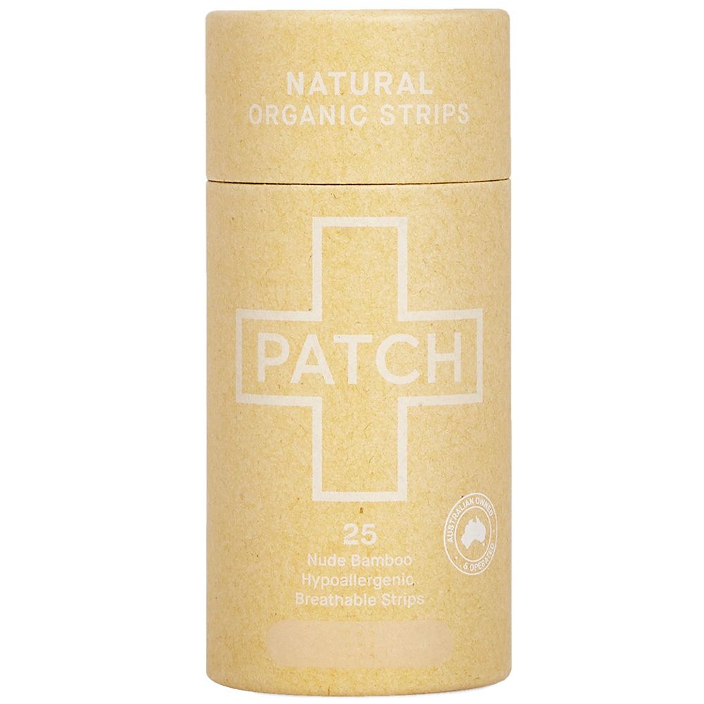 Zylindrische Verpackung mit dem Logo PATCH und der Aufschrift "NATURAL ORGANIC STRIPS". Enthält 25 Pflaster.