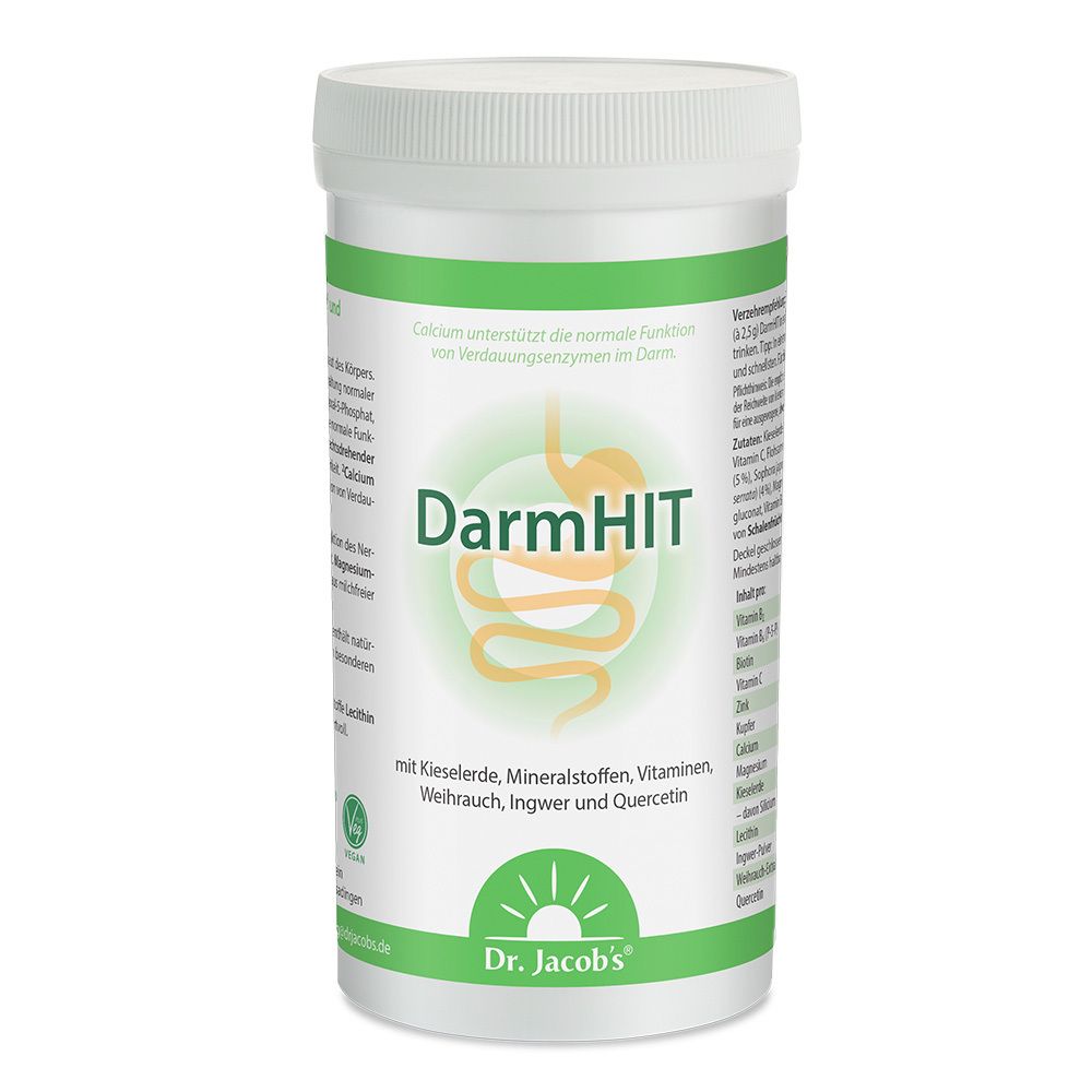 Weiße Dose mit grünem Deckel. Aufschrift DarmHIT. Logo Dr. Jacob's. Text mit Inhaltsstoffen und Illustration des Darms.