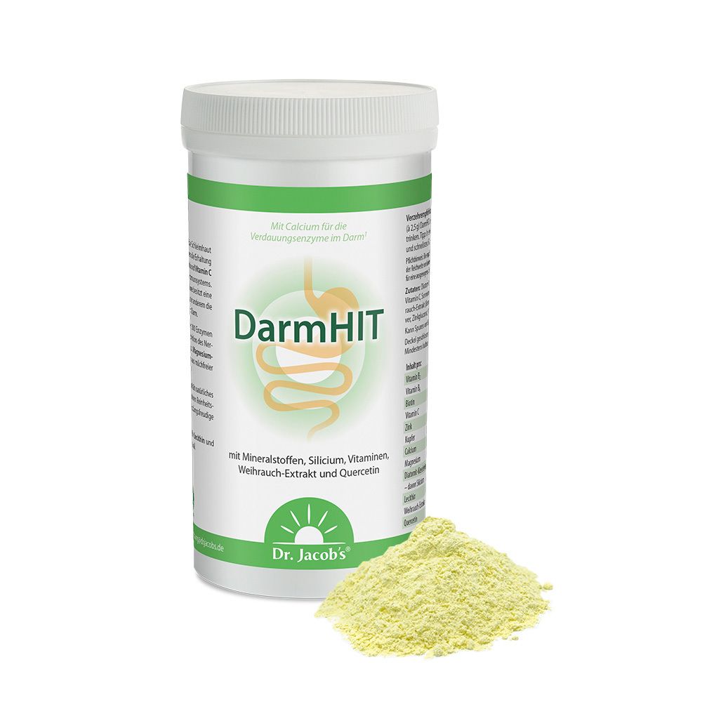 Weiße Dose DarmHIT und gelbes Pulver daneben. Logo Dr. Jacob's. Text mit Inhaltsstoffen. Nahrungsergänzungsmittel.