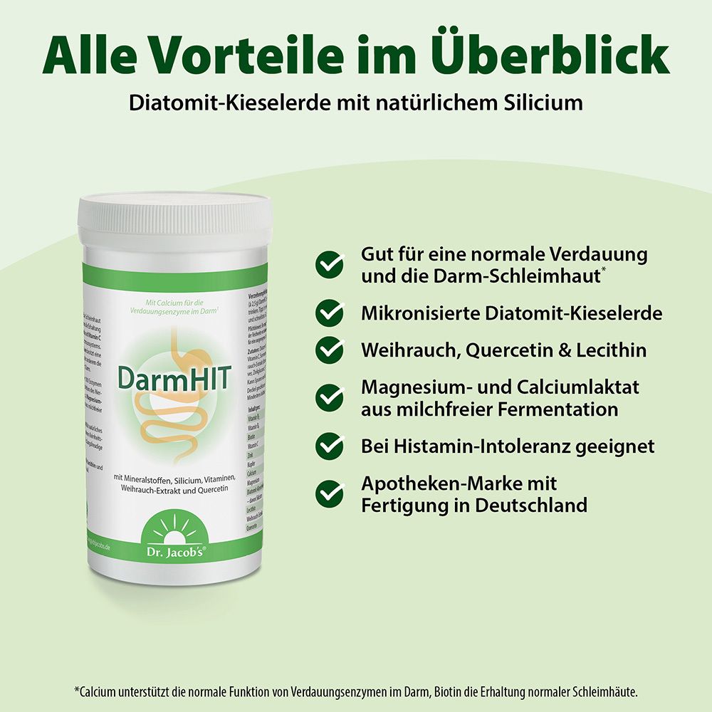 DarmHIT Dose neben Text. Vorteile: Verdauung, Darmschleimhaut, Diatomit-Kieselerde, Weihrauch, Quercetin, Magnesium.